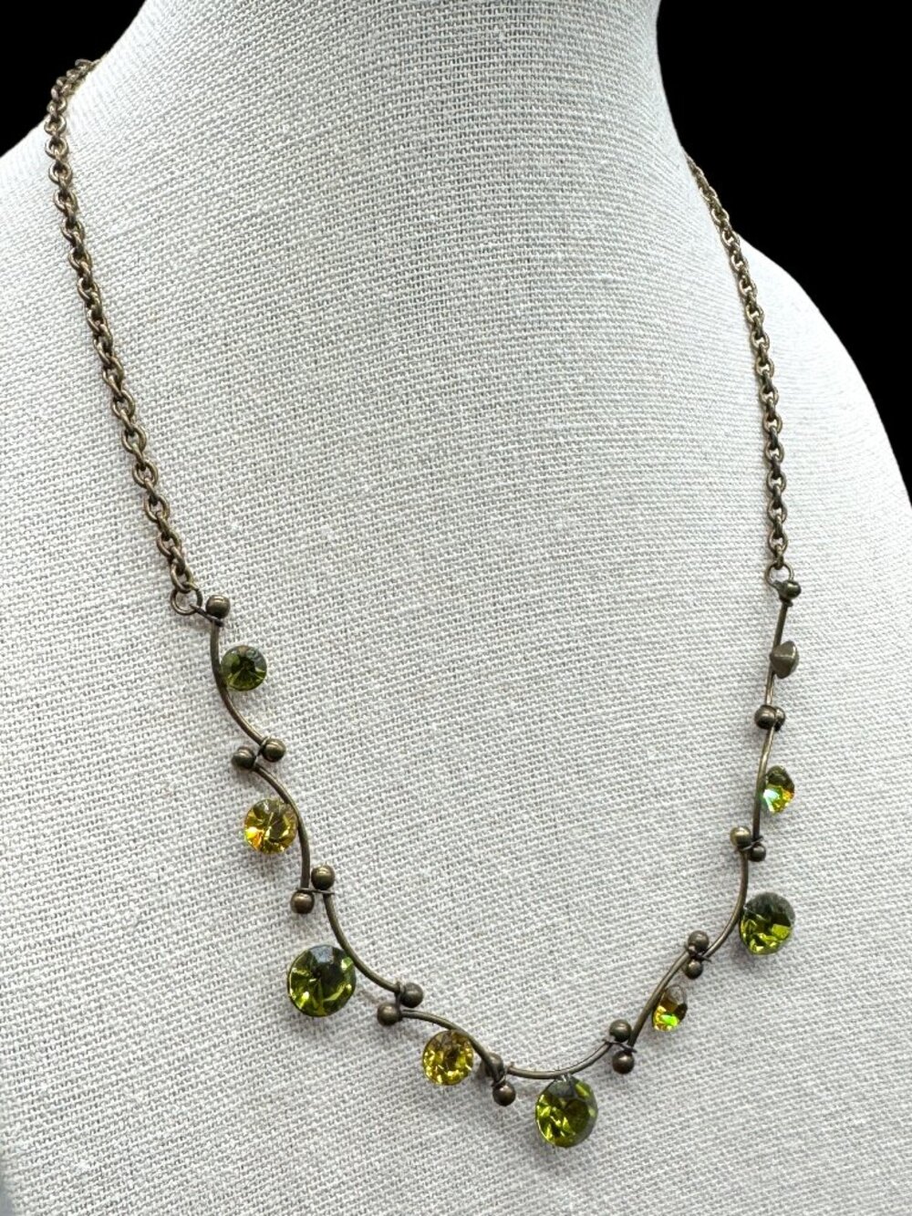 Delicate Necklace Chain Green Rhinestones Grey Silver Tone 16 inches